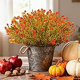 RAINFLOW Artificial Fall Flowers for Outdoors - 4PCS Faux Autumn Plants, UV Resistant Fake Eucalyptus Stems with 84 Mini Orange Camellia for Vase Christmas Thanksgiving Wedding Party Garden Decor