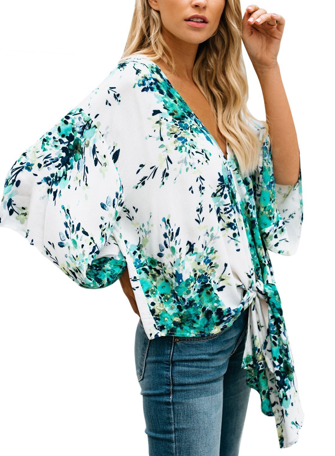 JunJunBag Women\'s 3/4 Sleeves Floral Printed V-Neck Bow Tie Casual Blouses Tops