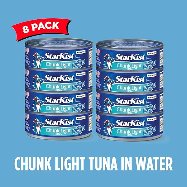 STARKIST CHUNK LIGHT TUNA IN WATER, 5 OZ (8 PACK) CANNED TUNA FISH, WILD CAUGHT, GLUTEN FREE, READY TO EAT, PERFECT FOR SALADS, KETO MEALS AND SNACKS, WITH 20G PROTEIN & 90 CALORIES PER SERVING