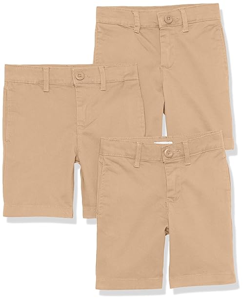 Amazon Essentials Boys' Uniform Woven Flat-Front Shorts (Wrinkle Resistant), Pack of 3, Khaki Tan, 6 Plus