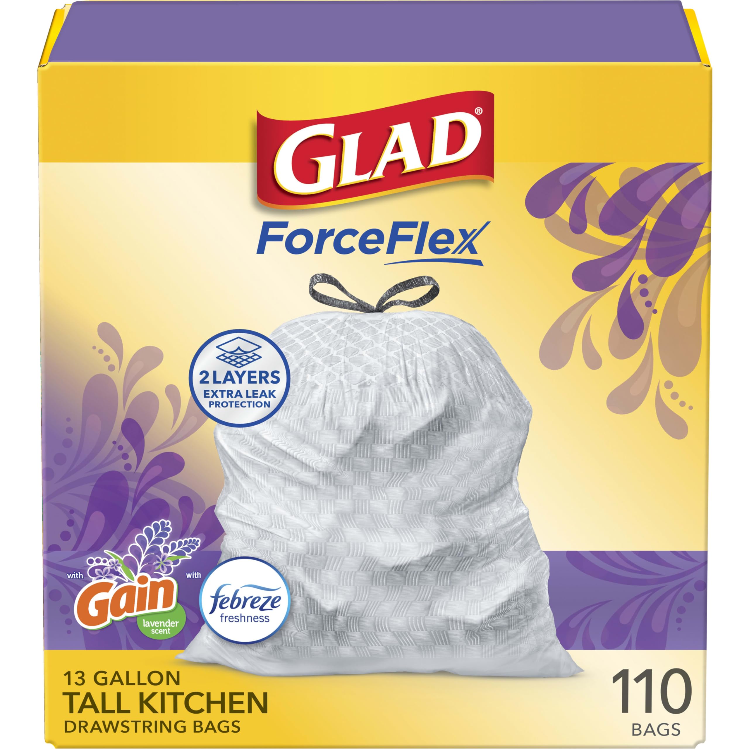 Photo 1 of Glad ForceFlex Tall Kitchen Trash Bags, 13 Gallon, Gain Lavender, 110 Count (Package May Vary)