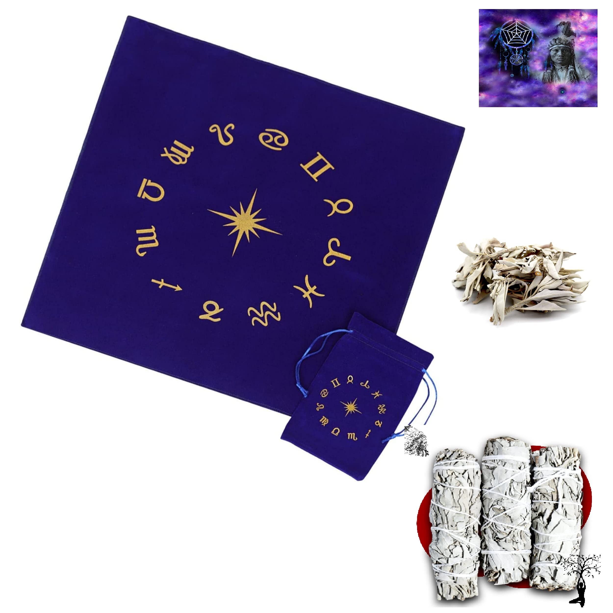 Divination Cards Tarot Tablecloth Fabric Divination Mat Random Colours Bag of Tarot Runes Divinatory Tablecloth Oracle + White Sage Frankincense Purification to Burn X3 as Gift