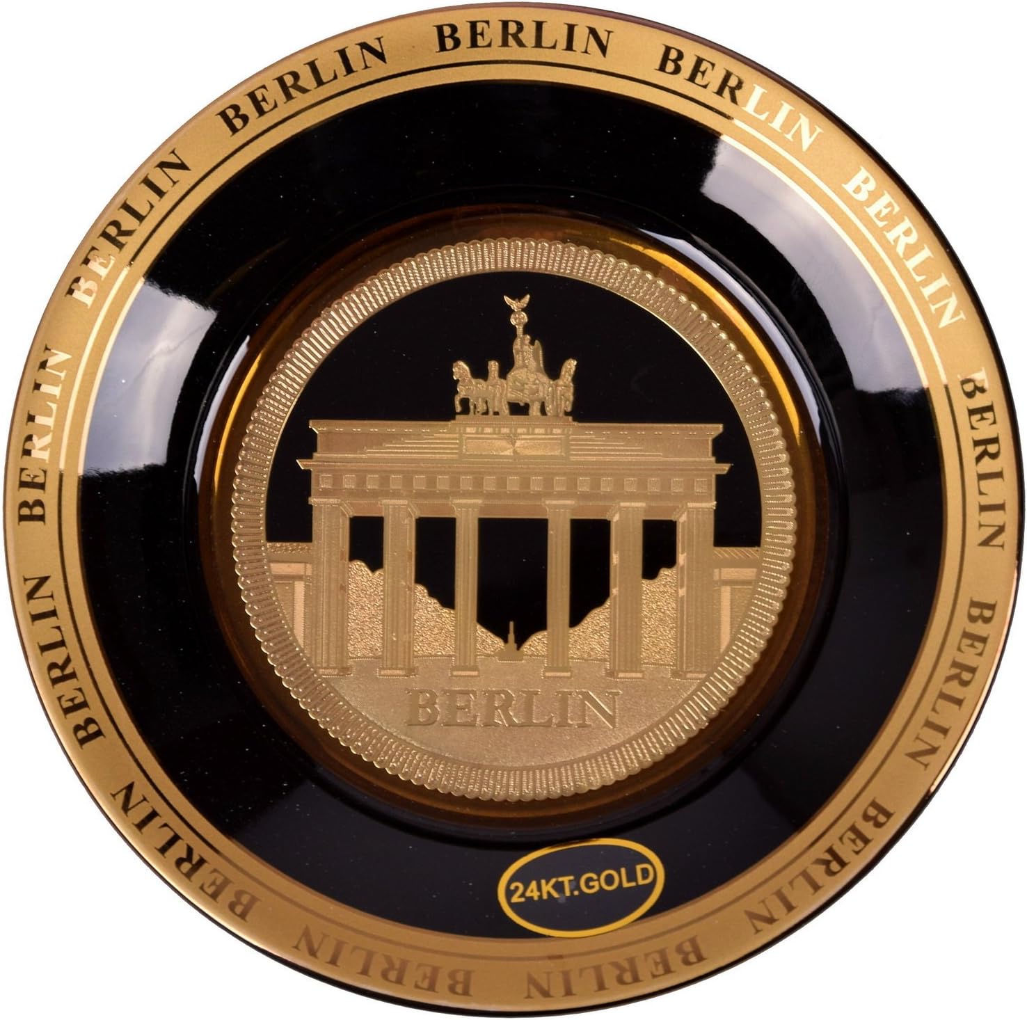 Berlin Souvenir Porcelain Plate in Brandenburg Gate Motive 24 Karat Gold Plated in Gift Box
