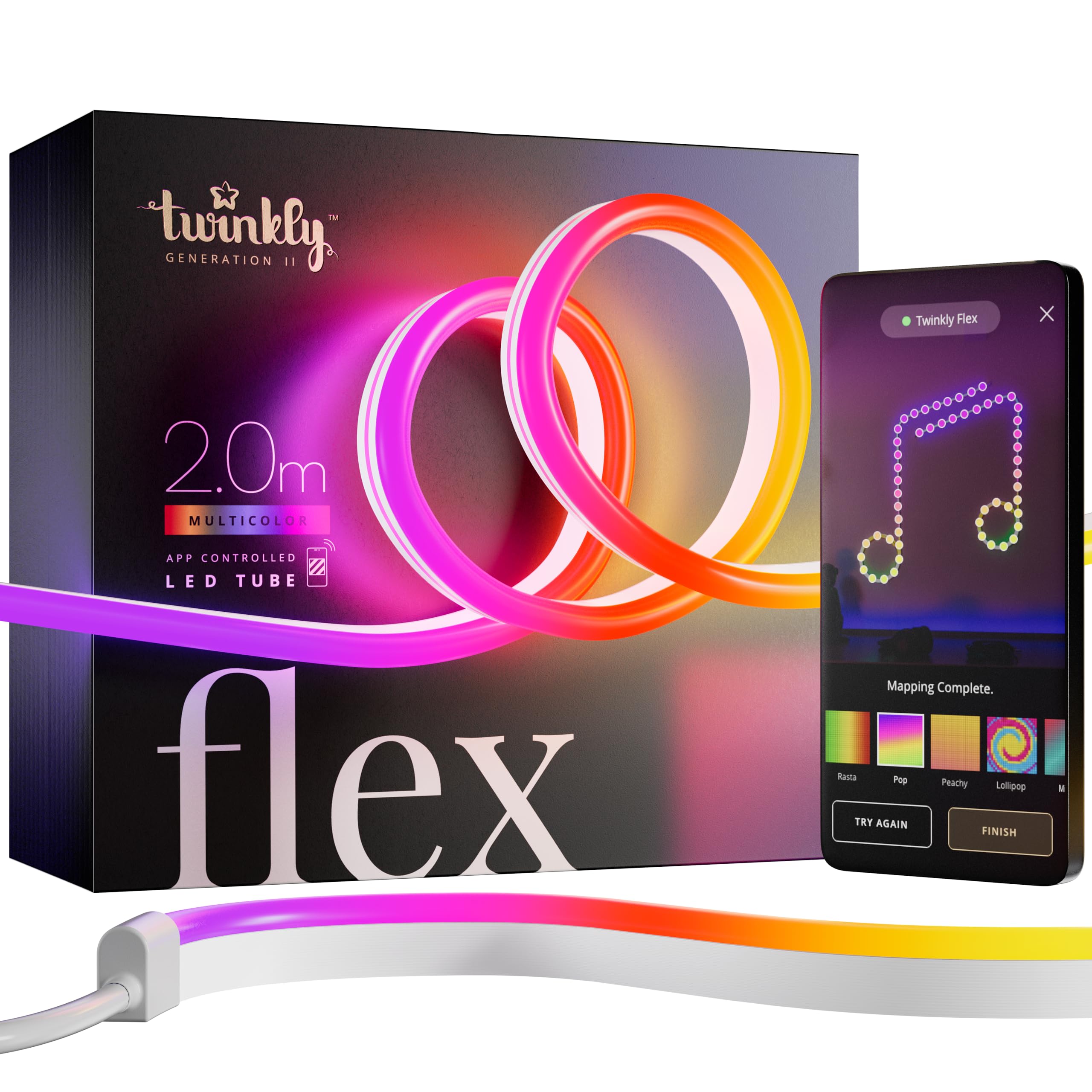 Twinkly Flex 2m, LED Tube Multi Color, RGB LED Strip Flexible, Compatible with Alexa and Google Home, Gaming Lights, 16 M+ Colors, USB C Powered, App Control, White Wire