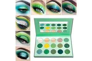 Afflano Green Eyeshadow Palette, Green Glitter Eyeshadow Highly Pigmented, Forest Emerald Christmas Makeup Palettes, Yellow Lime Grass Greenish Makeup Eye Shadow Pallet 15 Color