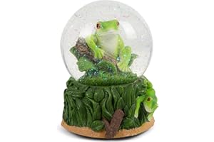 Elanze Designs Playful Green Tree Frog Tabletop Figurine Forest Hopping Log Leaves 100MM Sturdy Glitter Water Wind Up Musical Snow Globe Plays Tune Beautiful Dreamer