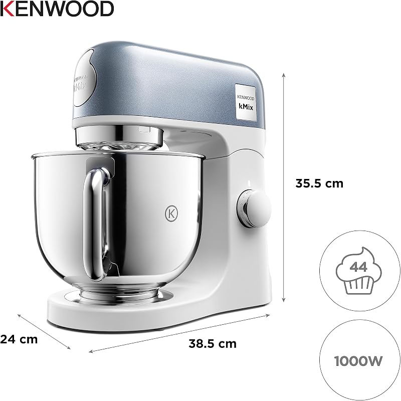 kMix - Robô de pastelaria multifunções com taça de aço inoxidável de 5 L, motor de 1000 W, corpo metálico, kit de pastelaria, 3 acessórios e tampa splash, azul (KMX760ABL)