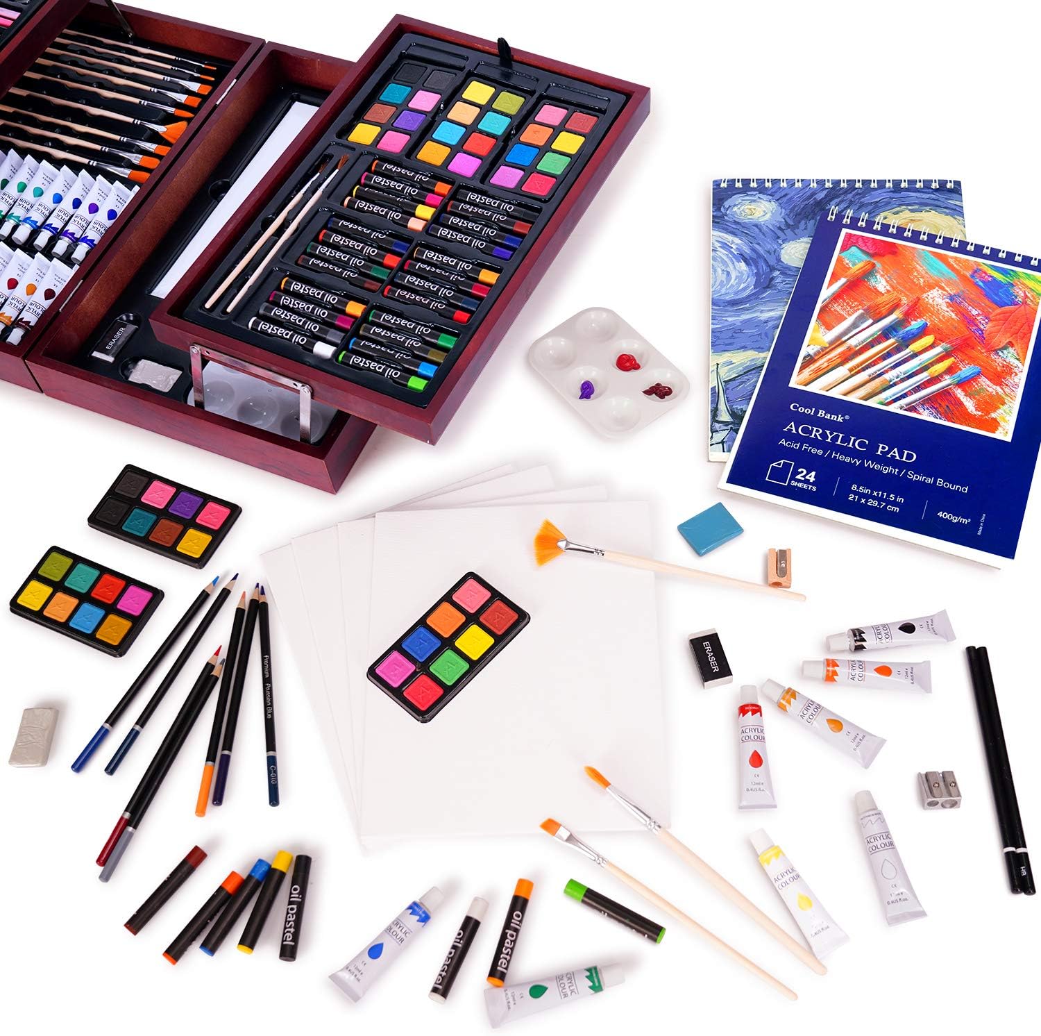 126 Piece Art Set with 2 Drawing Pad, Art Set in Portable Wooden Case, Crayons, Oil Pastels, Colored Pencils, Acrylic Paints, Watercolor Cakes, Brushes, Art Supplies