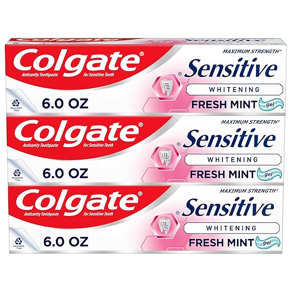 COLGATE WHITENING TOOTHPASTE FOR SENSITIVE TEETH, ENAMEL REPAIR AND CAVITY PROTECTION, FRESH MINT GEL, 6 OZ (PACK OF 3)