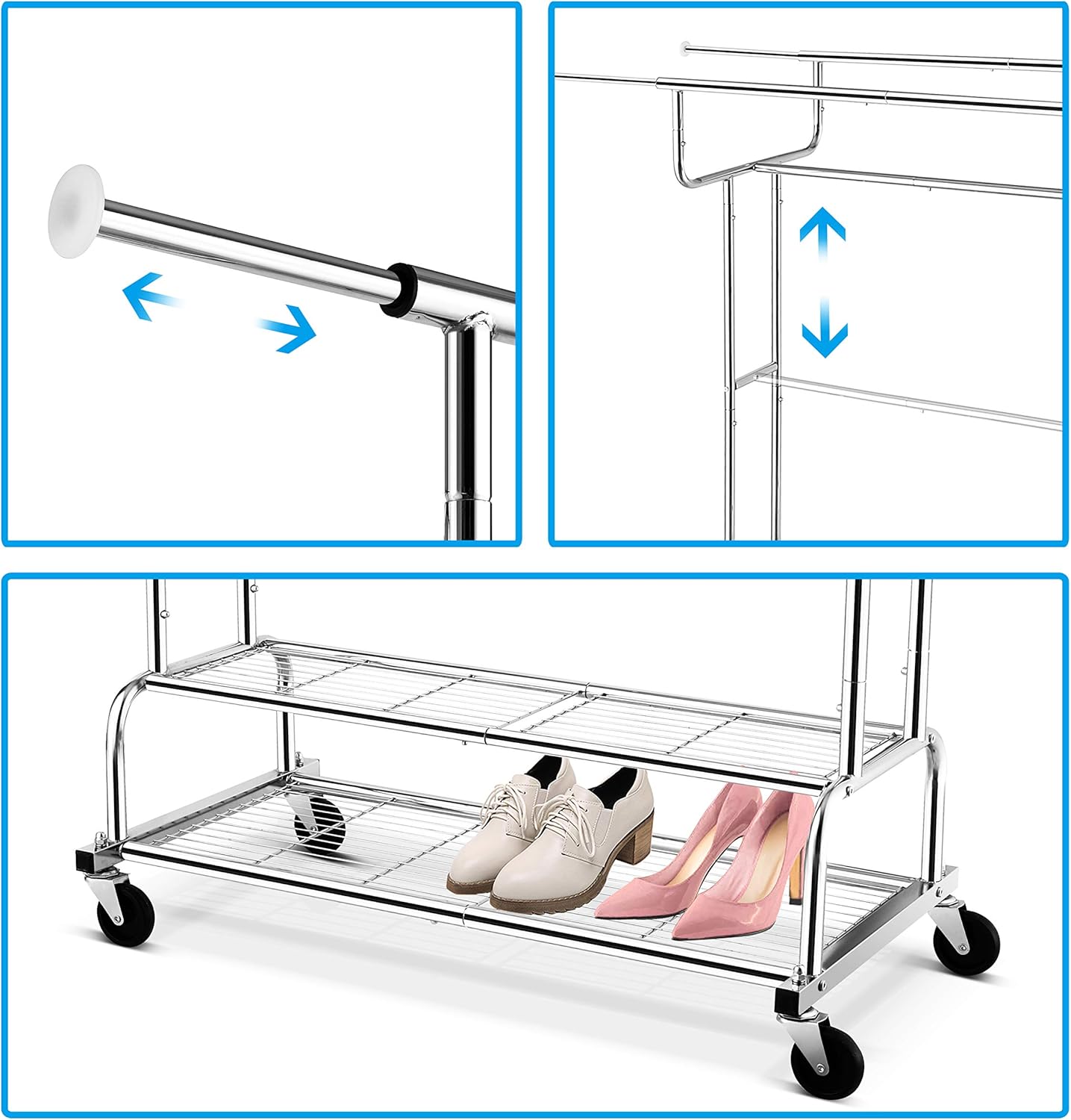 Simple Trending Double Rail Clothes Garment Rack, Heavy Duty Commercial Grade Clothing Rolling Rack on Wheels and Bottom Shelves, Holds up to 300 lbs, Chrome: Home Improvement