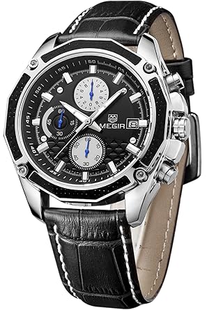 Mens Military Multifunction Quartz Wrist Watch Chronograph Sport Watches Black Leather