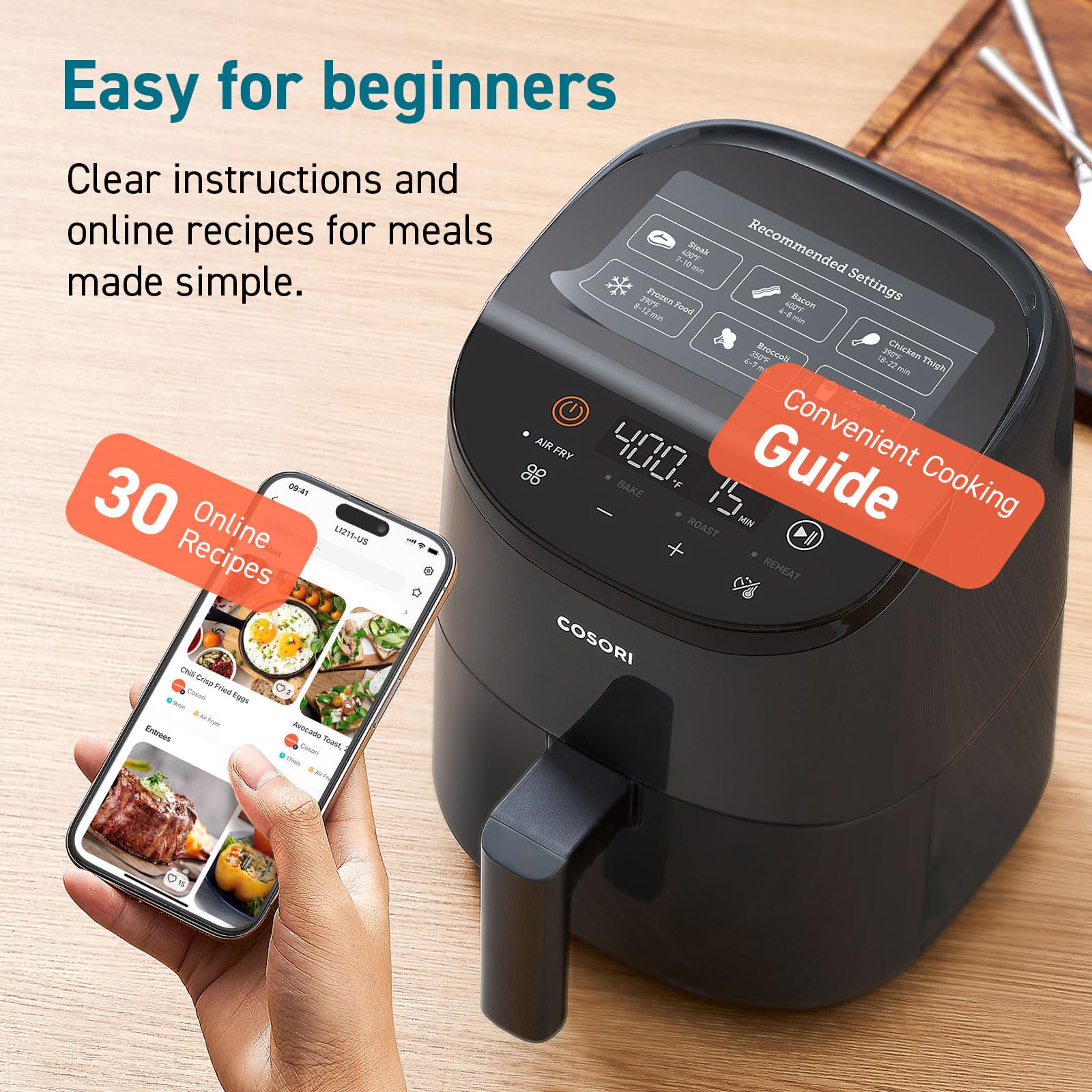 COSORI Air Fryer 2.1 QT, pequeña y mini freidora de aire 4 en 1, ideal para comidas y refrigerios simples, fácil de dejar los restos de comida crujientes, hasta 97% menos de aceite, 30 recetas en la aplicación, canasta antiadherente y apta para lavavajillas