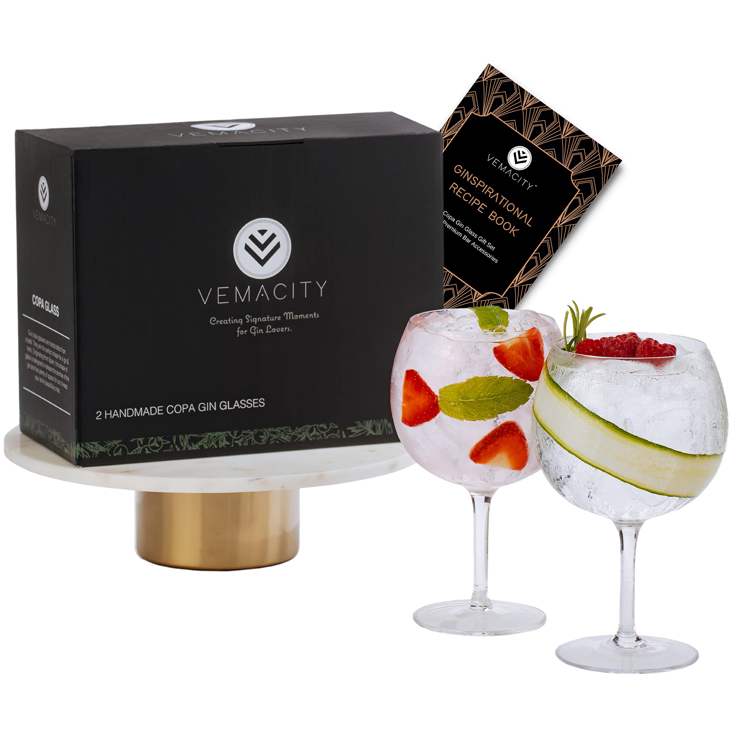 Vemacity Crystal Gin Glasses | Handmade Gin Glass Gift Set & Recipe e-Book (PDF) | Aperol Spritz & Cocktail Glasses | Stylish Gift Box – Transparent