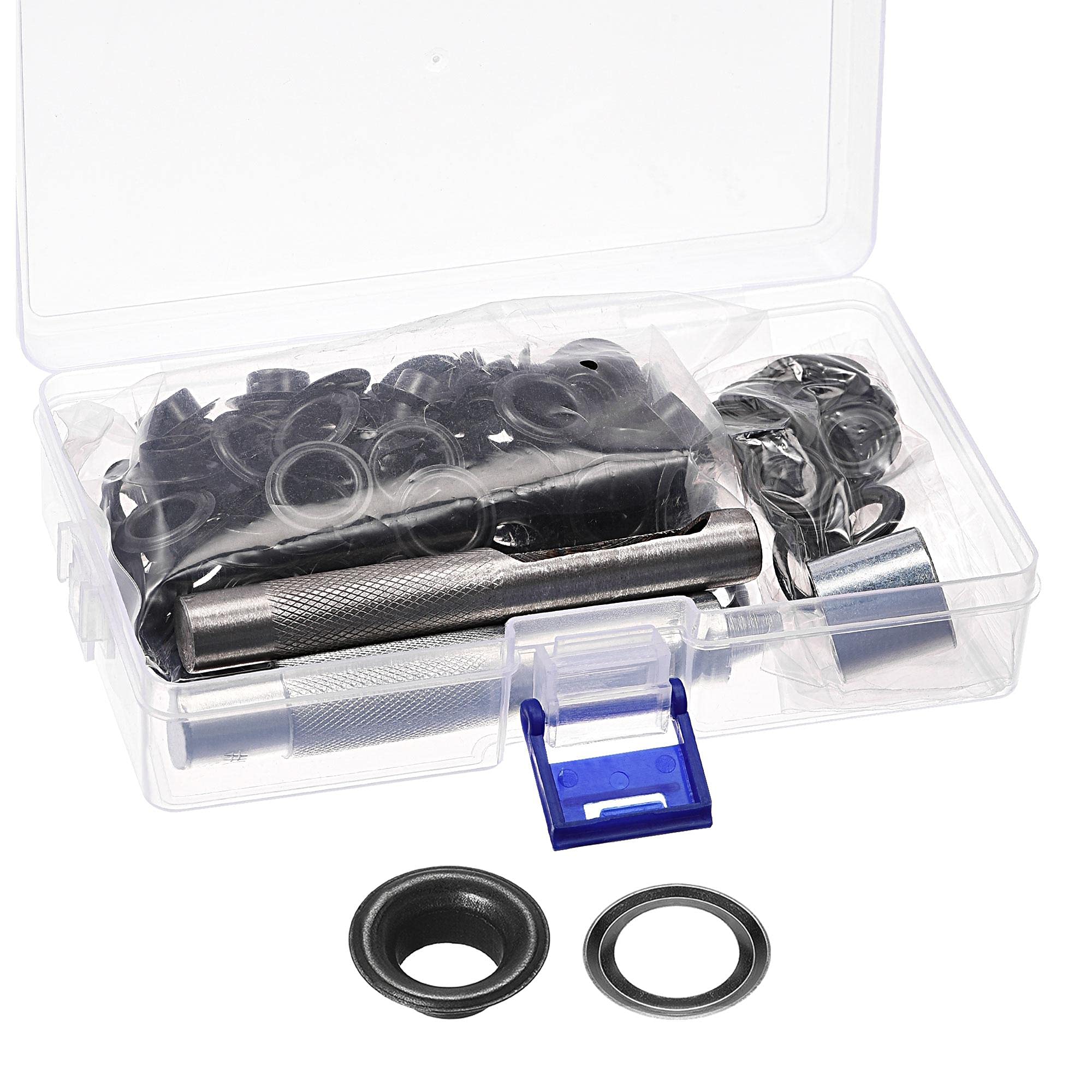 sourcing map Grommet Tool Kit 100 Sets 3/8" Copper Grommets Eyelets with 3pcs Install Tools, 10mm Inside Dia. Black