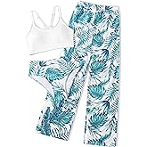 NECIOUS Girls Swimsuit, 3 Piece Bikini Bathing Suit Tropical Floral Swimwear with Cover Up Pants 7-16Y