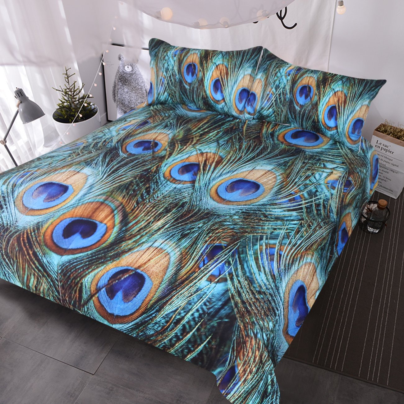 BlessLiving Peacock Feather Bed Set 3 Piece Aqua Blue Turquoise Duvet Cover Fantasy Sparkly Bedding Bird Bedspread (Queen)