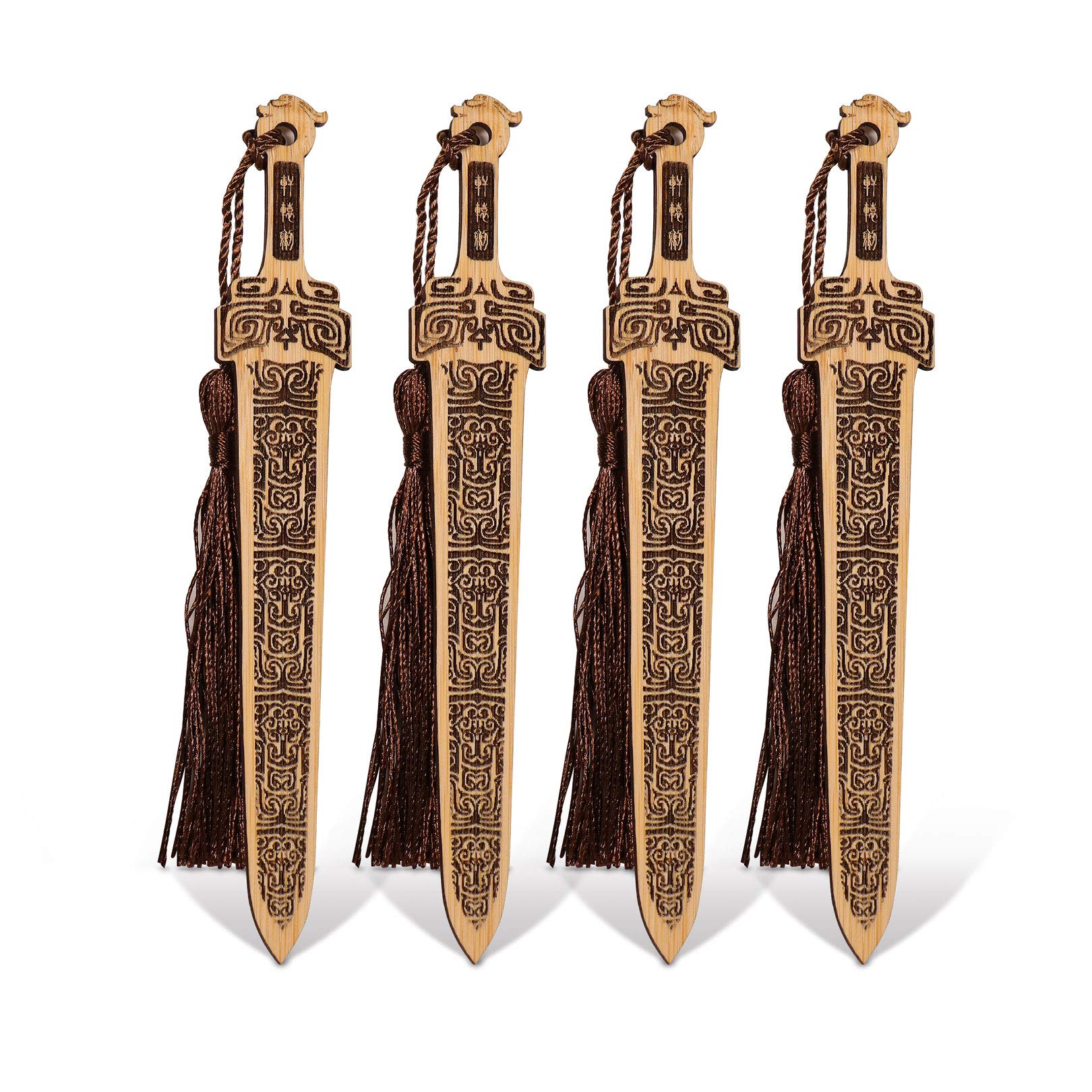 Gdpaddy Handmade Natural Bamboo Bookmark with Beautiful Tassels,Vintage Style Bookmark is A Unique Gift for Teachers, Students, Men and Women - 4Pcs (Sword)
