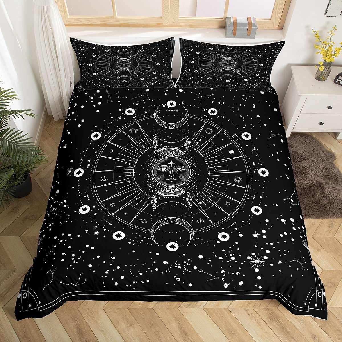 Loussiesd Mandala Duvet Cover Sun and Moon Bedding & Linen Boho Exotic Style Black and White Bedding Set For Kids Adults Galaxy Astrology Bedding & Linen Ultra Soft Chic Single Zipper