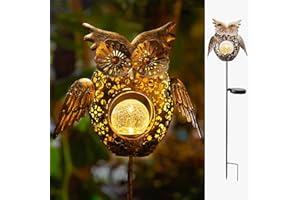 Go2garden Solar Lights Outdoor Owl Decorative Metal Stakes Lights Crackle Glass Light for Lawn, Yard Art, Pathway, Patio Decorations,Birthday Mothers' Day Gift for Mom Dad Grandma (Bronze)