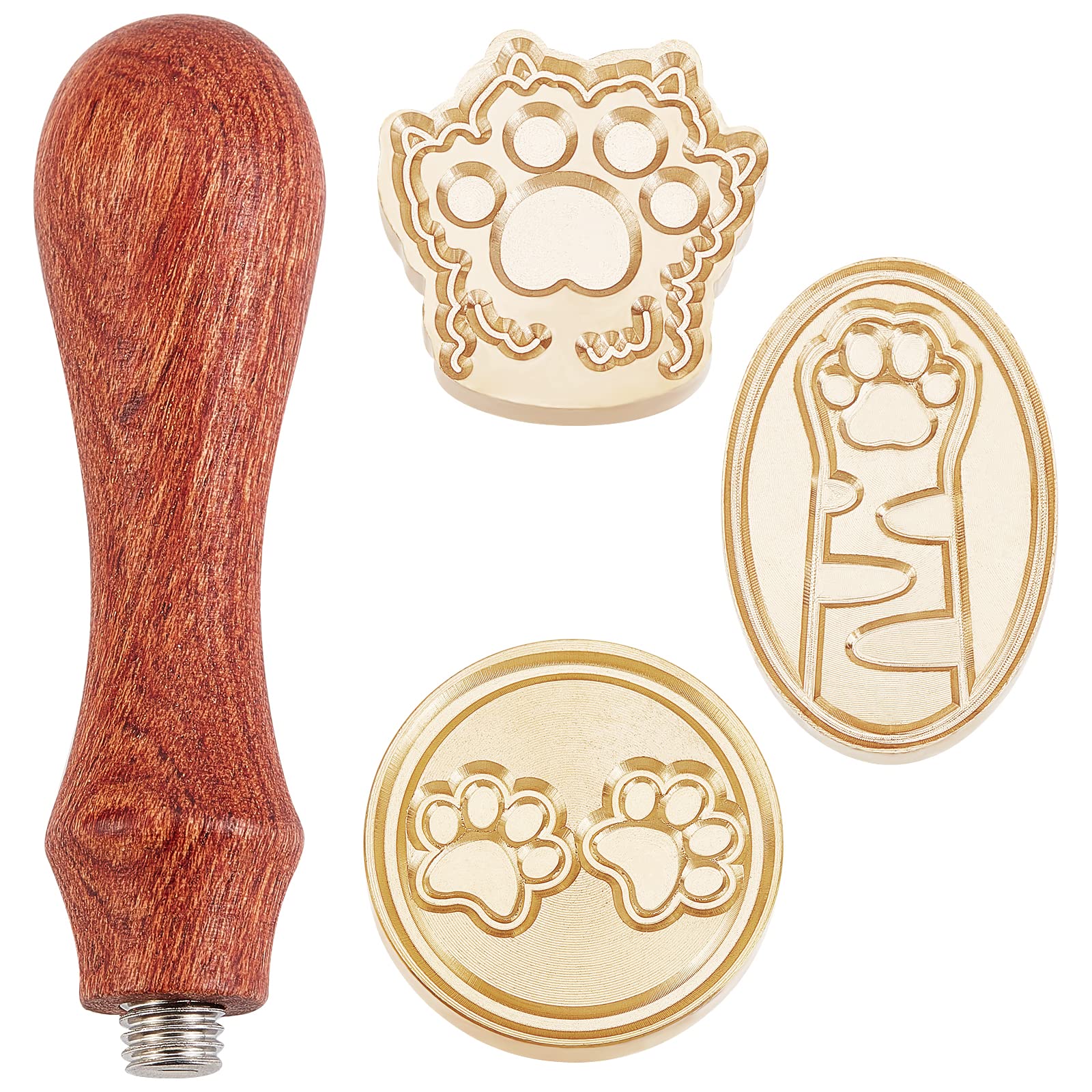 CRASPIRE Wax Seal Stamp Heads Set Cat Paw Print 3pcs Sealing Wax Stamps Heads and 1 Piece Wooden Handle Wax Stamp Kit for Invitations Envelopes Greeting Cards Gift