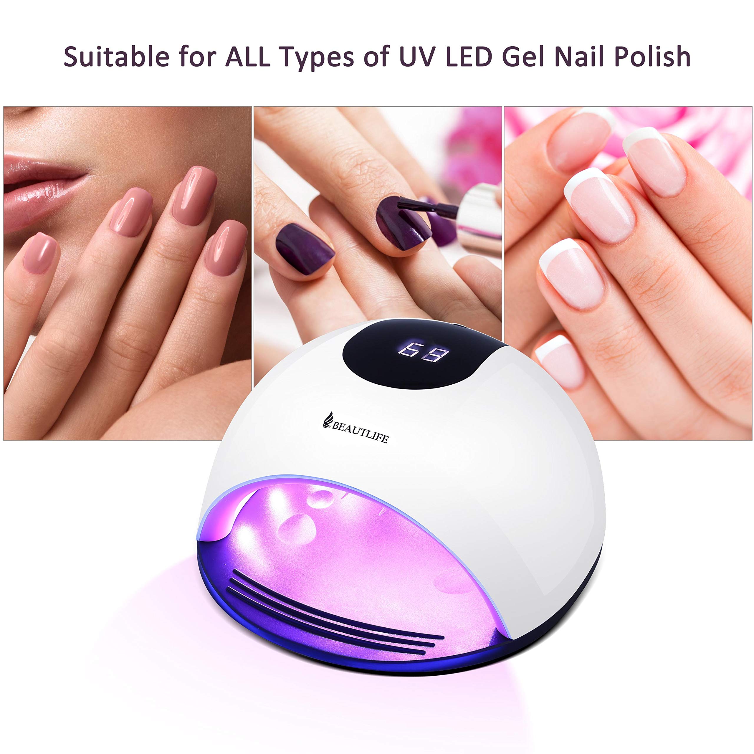 Sèche Ongles 72W Lampe UV LED Ongles Gel, Séchoir à Ongles Machine Semi Permanent avec Minuterie de 10s/ 30s/ 60s/ 120s, Capteur Automatique Intelligente et Écran LCD pour Tous les Gels (Blanc)