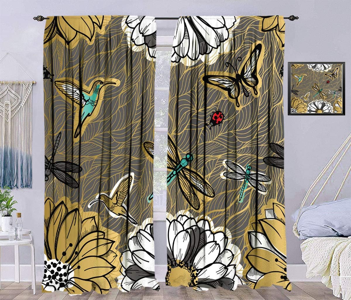 Floral Blackout Curtains, Floral Pattern with Flowers Butterflies and