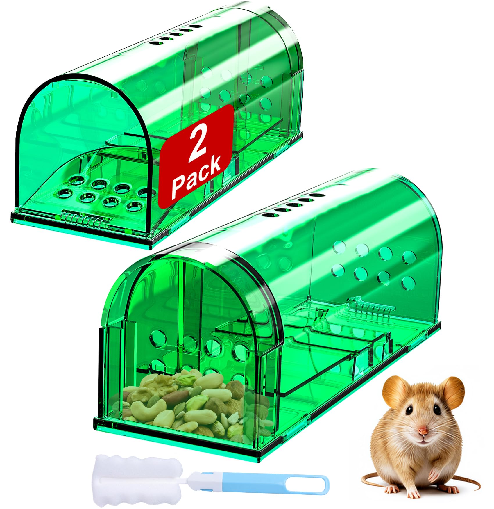 Photo 1 of 2 Pack Humane Mouse Traps, Reusable Mice Trap, Live Rat Cage Chipmunk Trap Indoor Outdoor for Home(Green)
