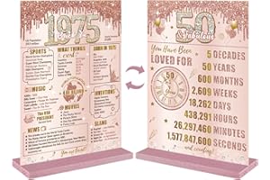 Bumqviy 50th Birthday Decorations Back in 1975 Table Sign for Women, Pink Rose Gold Happy 50th Birthday Two-Sided Wooden Table Poster with Stand Party Supplies