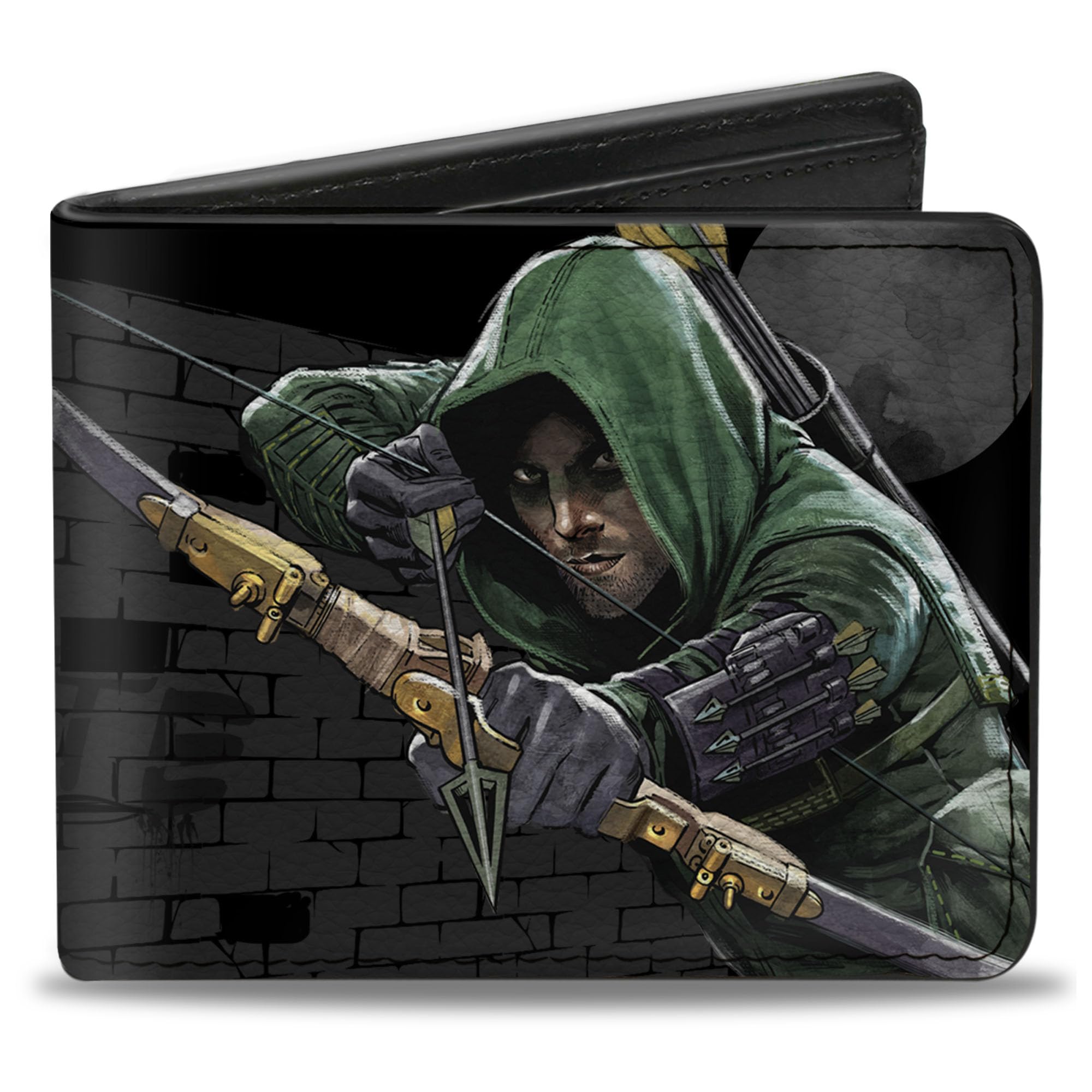 Buckle-Down Men's DC Comics Wallet, Bifold, Arrow Aiming Pose Vigilante Bricks Black Grays, Vegan Leather, Multicolor, Standard Size, Multicolor, Default Size