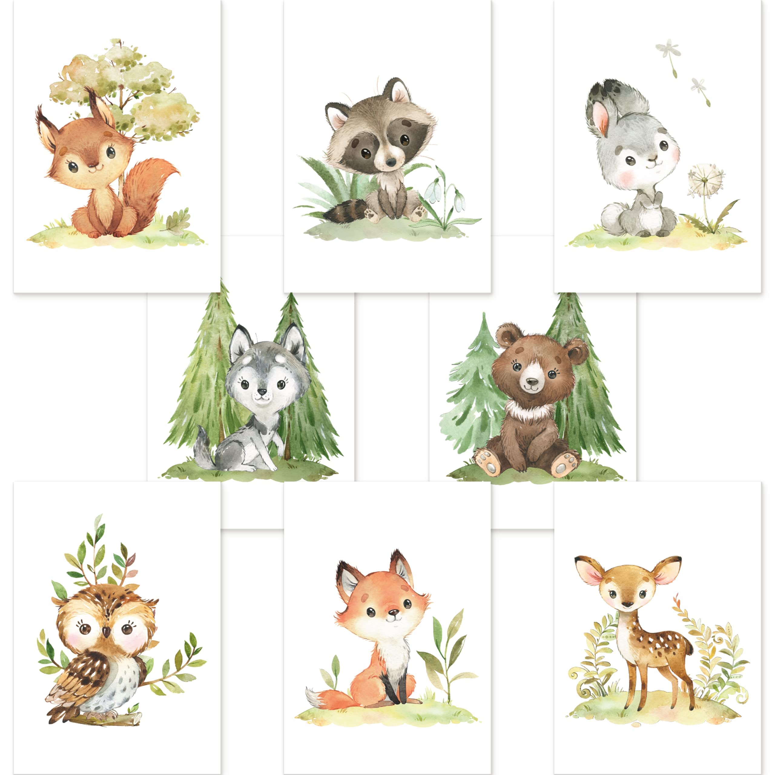 CreativeRobin Set of 8 Poster Set Forest Animals Nursery I Baby Room Decoration I Deer, Fox, Bear etc. with Flora