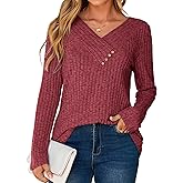 Glamaker Women's Fall Long Sleeve V Neck Tunic Tops Lightweight Button Casual Soft Loose Blouse Sweatshirts