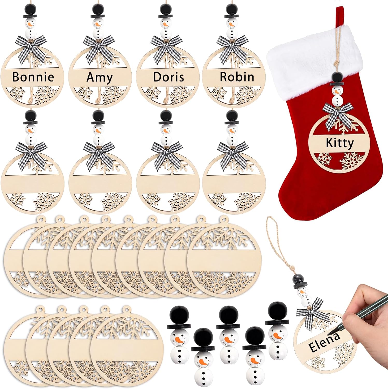 Stockings & Holders - Vellibring 18PCS Christmas Wooden Name Tags,Christmas Stocking Hanging Tag with Hollow Snowflake Tags Buffalo Plaid Bows Snowman Wooden Beads Ornament Signs for Christmas Stockings Tree Home Decor