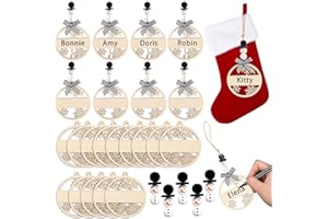 Vellibring 18PCS Christmas Name Tags with Snowflake & Snowman Wooden Beads, Buffalo Plaid Bows Stocking Hanging Tags for Tree & Home Decor