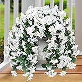 Sggvecsy Artificial Fake Hanging Flowers Plants for Outdoor Outside Spring Summer Decoration 2PCS Faux Silk UV Resistant Realistic Morning Glory Trailing Vines for Home Porch Patio Balcony(White)