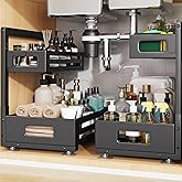 Biboraya 2 Pack Under Sink Organizer,Pull Out Cabinet Organizer With Smooth Cylindrical Rail,Metal Slide Out Drawer for Kitchen Bathroom Laundry Cabinet,8-Level Tool Free Height Adjustable-Black