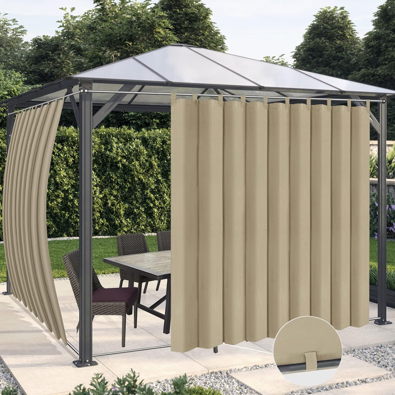 Outdoor Curtains - OutdoorLines Waterproof Outdoor Curtains for Patio - Windproof Tab Top Gazebo Curtain Panels - Privacy Sun Blocking Outside Curtain Set for Porch, Pergola and Cabana 110 x 84 inch, Khaki, 2 Panels