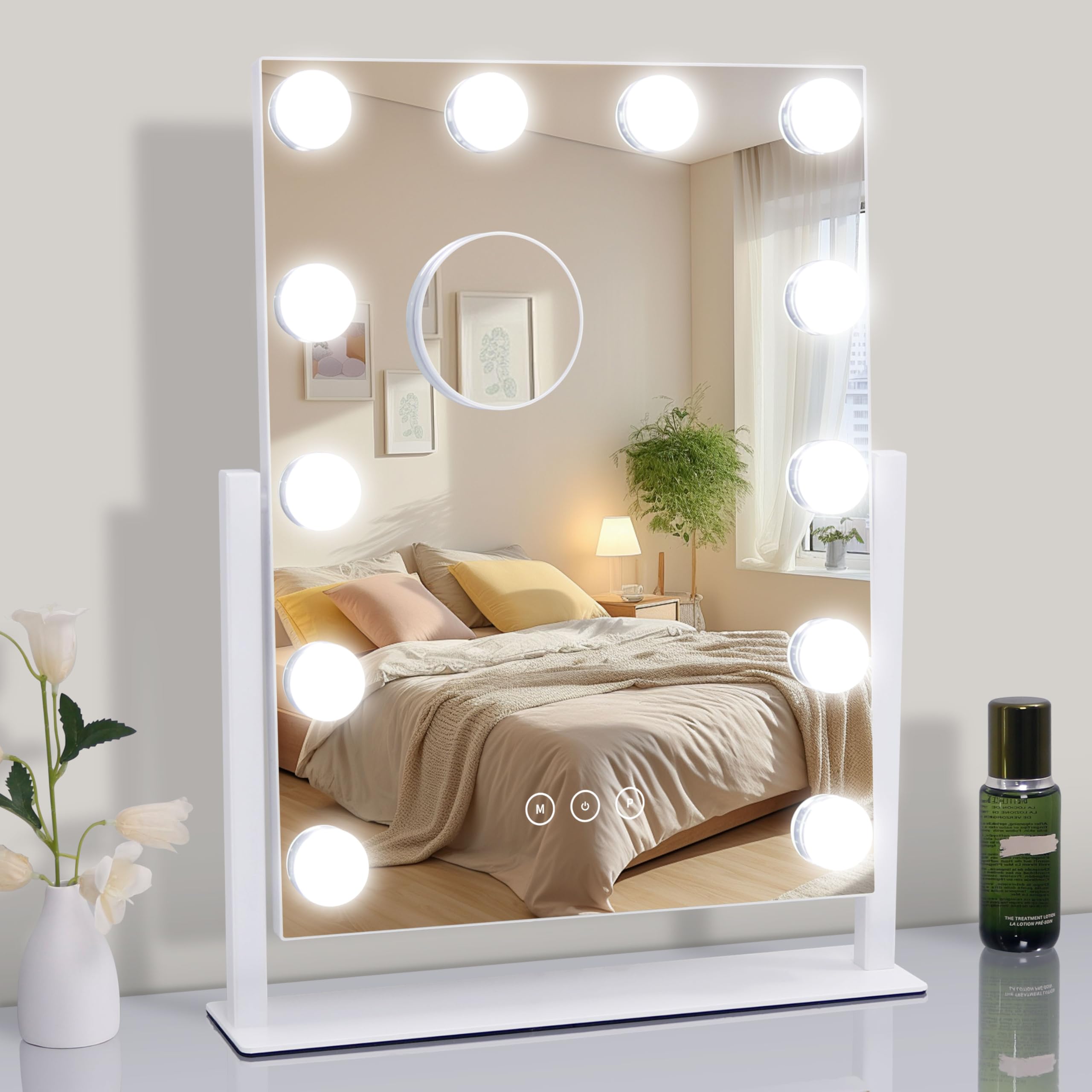 NUSVAN Vanity Makeup Mirror with Lights,3 Color Lighting Modes Detachable 10X Magnification Mirror Touch Control,360°Rotation, White (14.6Inch)