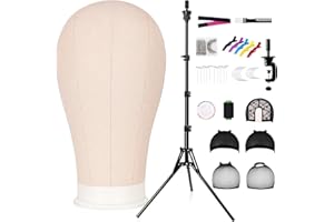 GHWMYD 22 Inch Canvas Wig Head Mannequin Head With 63in Tripod Stand, Manikin Canvas Head Set for Wigs Making Display Styling with Tripod Table Clamp Wig Caps Pins Set Hair Brush, Clips(Beige)