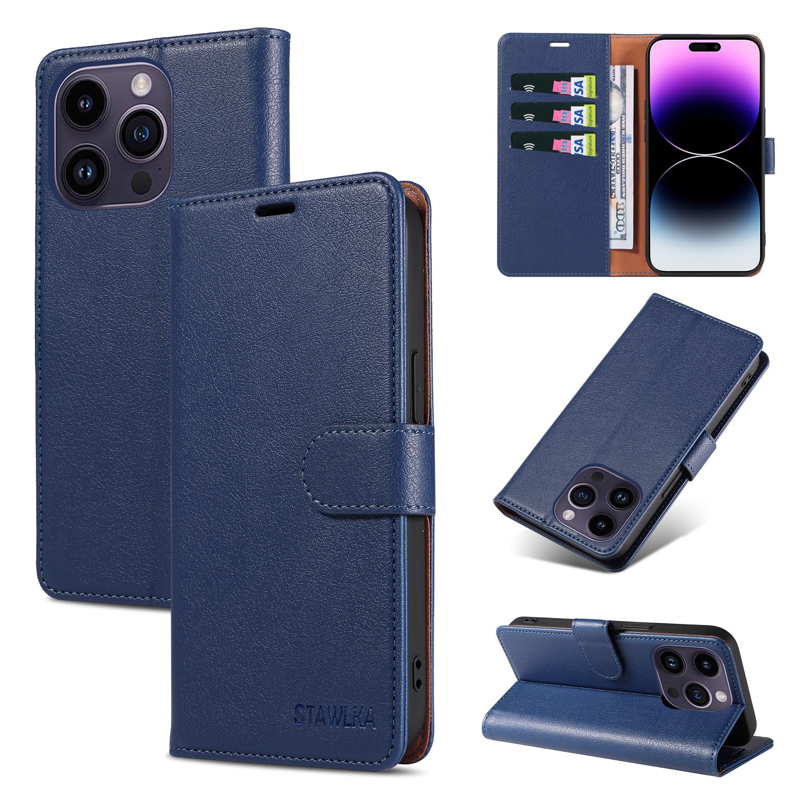 STAWLKA Case for iPhone 13 Pro, Premium PU Leather Flip Magnetic Buckle Wallet Case Kickstand Blocking RFID Shockproof Protective Phone Cover for iPhone 13 Pro - Blue — image 1