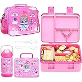 rockpapa 5 Compartment Bento Lunch Box for Kids with Uensils & Insulated Water Bottle & Lunch Bag with Strap, BPA-Free Lunch box Containers Set for School Boys Girls Ages 3+ (Pink Fairies)