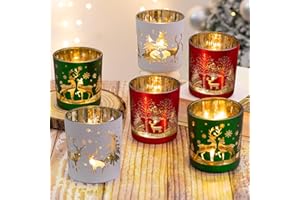 MJ PREMIER Christmas Glass Votive Candle Holders, 6 pcs Xmas Tea Lights Candles Holders, Candle Holder for Christmas Centerpiece Table Decorations Party Fireplace Mantle Décor 3.15”*2.75”, Matte