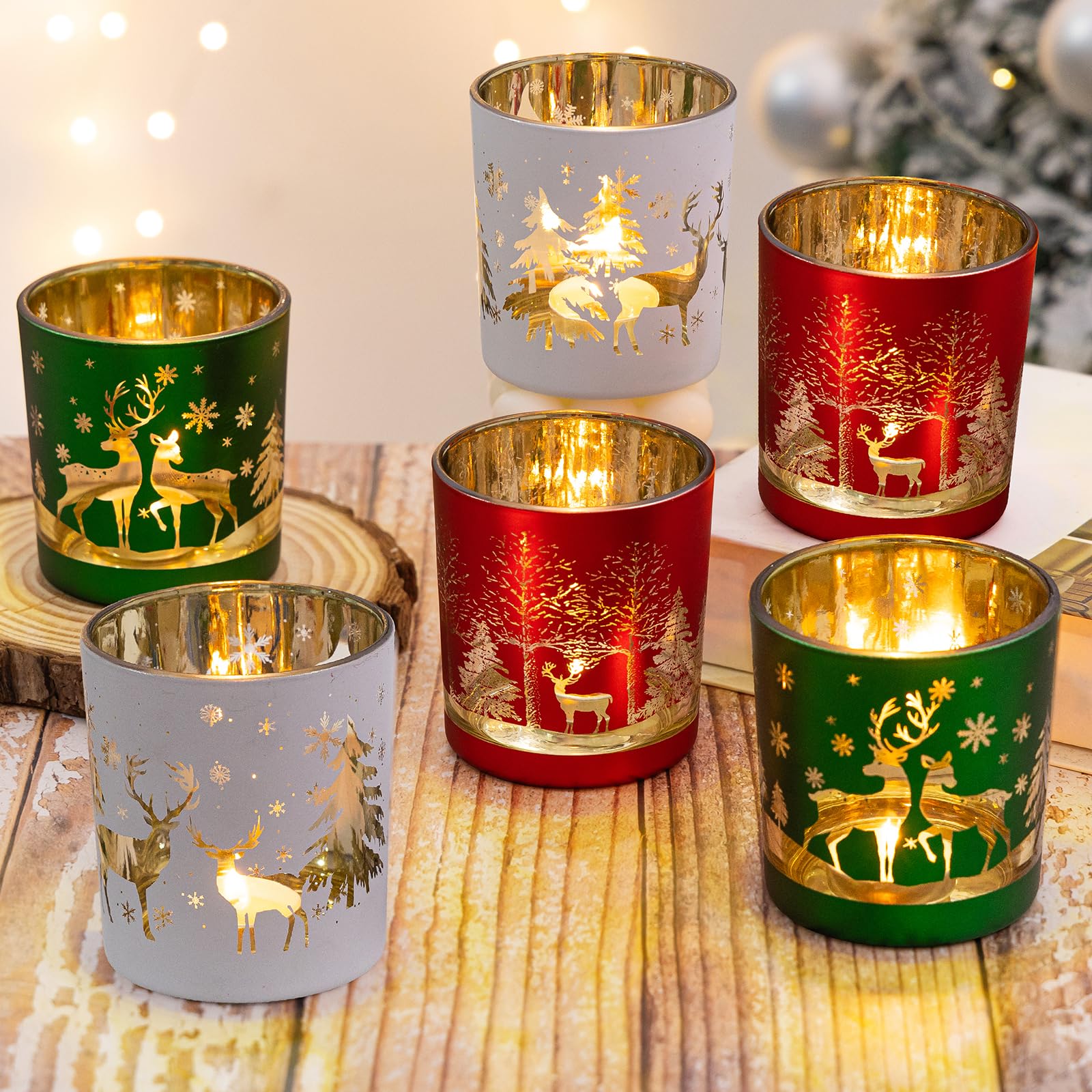 Christmas Glass Votive Candle Holders, Christmas Candle Holders Decorations, Set of 6 Glass Candle Holder, Chris tmas Tea Light Holders, Table Centerpieces Party Decorations (Snow/Xmas Tree/Reindeer)