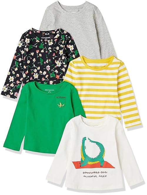 Amazon Essentials Girls' Long-Sleeve T-Shirts, Pack of 5, Green/Alligator Yoga, Medium