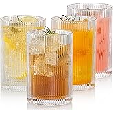 POLIDREAM Vintage Ribbed Glassware Set: 4pcs 16.9oz XL Drinking Glasses, Fluted Ripple Drinkware, Origami Style, Elegant Glassware for Whiskey, Cocktail, Iced Coffee, Juice, Beer, Soda