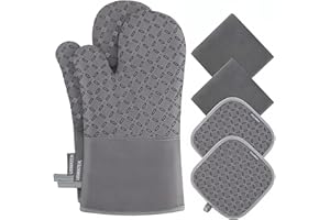 USMATEK Oven Mitts and Pot Holders Set – 6 PCS Heat Resistant to 500°F, Extra Long Silicone Oven Gloves & Potholders with Non-Slip Grip, Quilted Cotton Lining, Washable, for Cooking, Baking, BBQ (Grey)