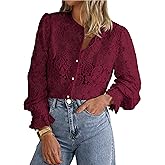 PRETTYGARDEN Women's Dressy Casual Lace Blouse Long Sleeve Button Up Shirts Tops Spring Fall Fashion Clothes