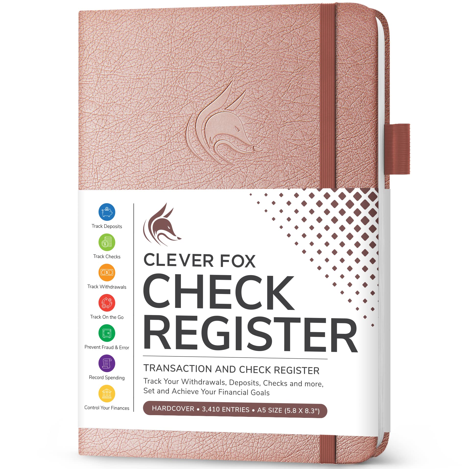 Clever Fox Check Register – Deluxe Checkbook Log with Check & Transaction Registers, Bank Account Register Booklets for Personal and Work Use, A5-Sized Hardcover, Rose Gold