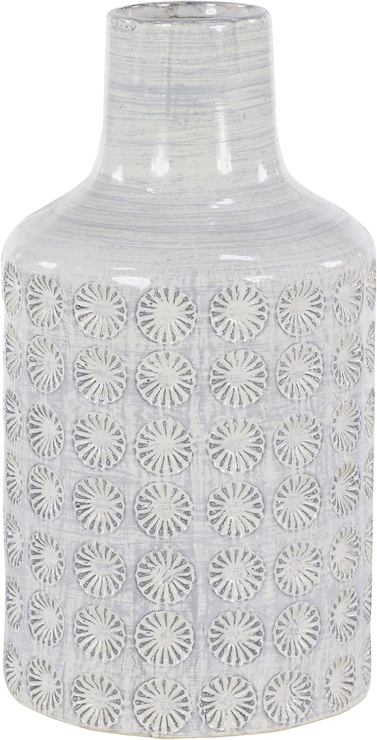 UKN Blue and White Floor Vase with Relief 8 X 14 Grey