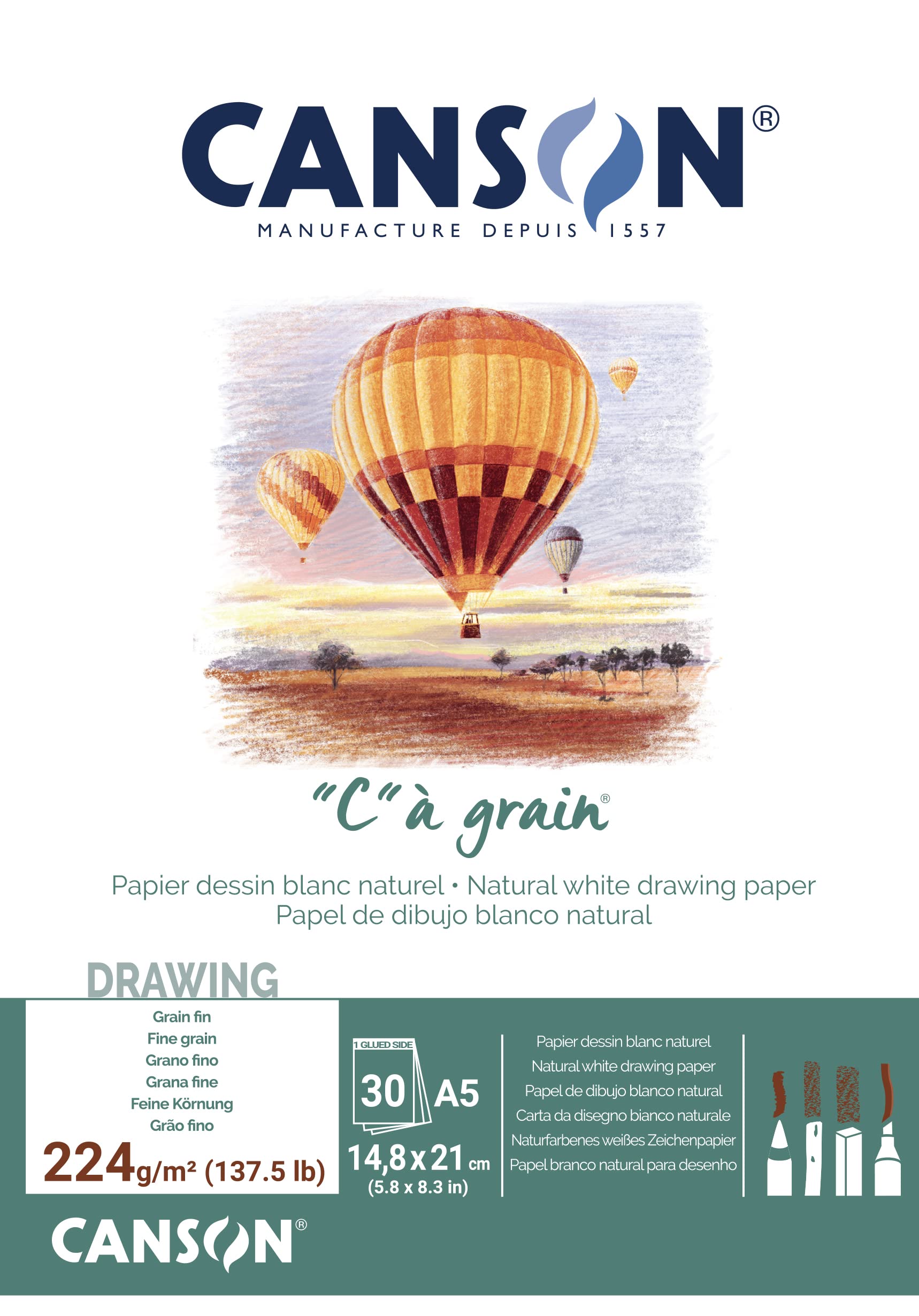 Canson "C à Grain A5 224g White Drawing & Sketching Paper Pad, 30 Sheets, Fine Grain Texture, Glued on Short Side, For Professional Artists