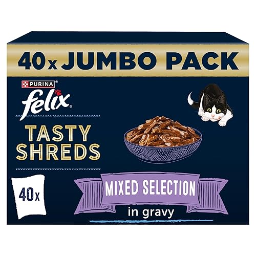 FELIX Tasty Shreds Adult Wet Cat Food Mixed Selection in Gravy Chicken, Beef, Tuna, Salmon 40 x 80g Pouches